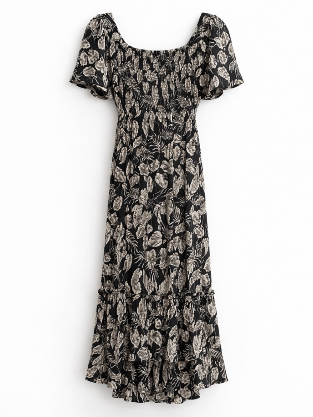 Angie Black & Ivory Tropical Print Midi Dress Smocked Boho Flutter Sleeve Medium - Picture 2 of 5